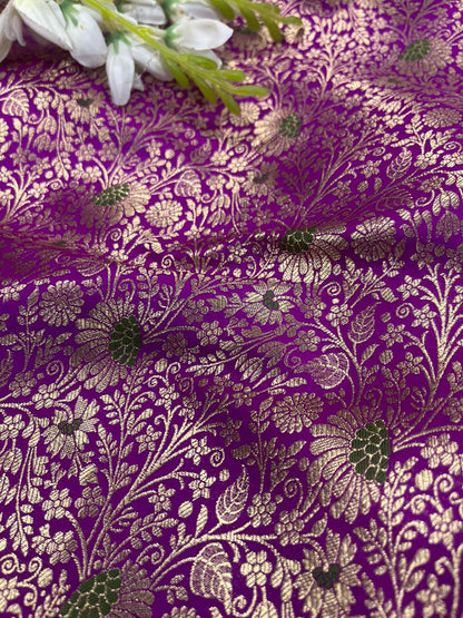 Exquisite Purple Handloom Banarasi Silk Flower Design Meenakari Fabric ( 1 Mtr ) - Luxurion World