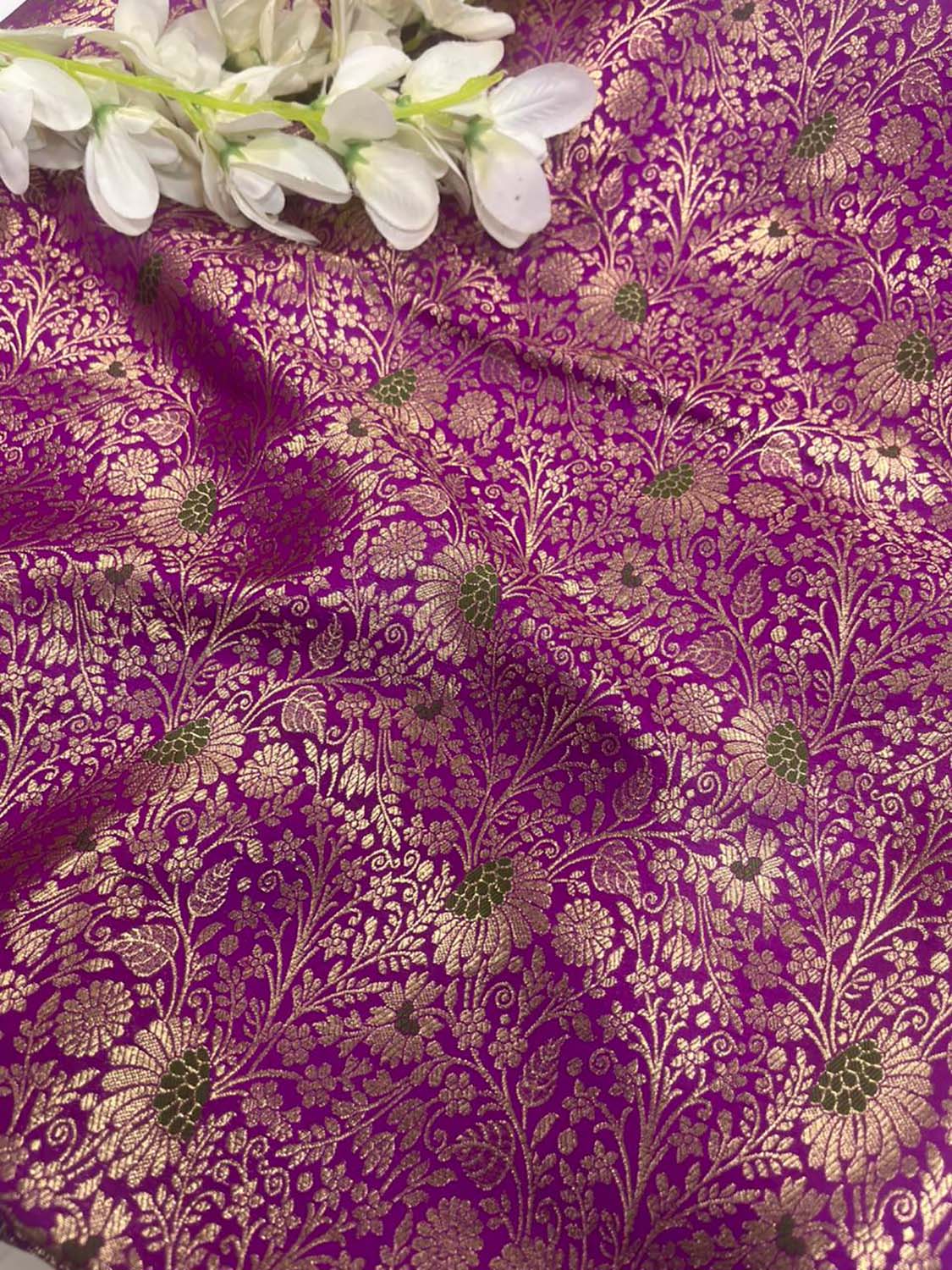 Exquisite Purple Handloom Banarasi Silk Flower Design Meenakari Fabric ( 1 Mtr ) - Luxurion World