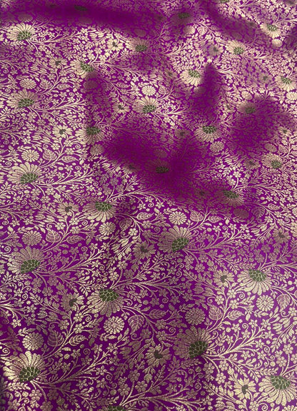 Exquisite Purple Handloom Banarasi Silk Flower Design Meenakari Fabric ( 1 Mtr ) - Luxurion World