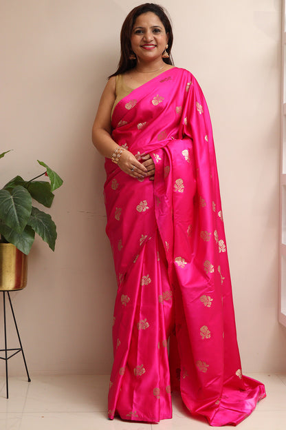 Pink Handloom Banarasi Silk Flower Design Saree - Luxurion World