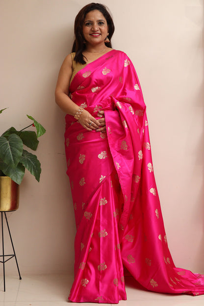 Pink Handloom Banarasi Silk Flower Design Saree - Luxurion World