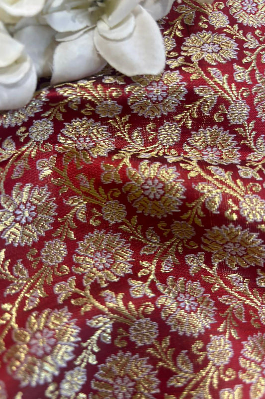 Maroon Handloom Banarasi Silk Brocade Sona Roopa Flower Design Fabric ( 1 Mtr ) - Luxurion World