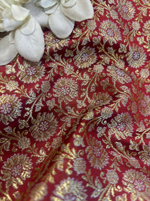 Maroon Handloom Banarasi Silk Brocade Sona Roopa Flower Design Fabric ( 1 Mtr ) - Luxurion World