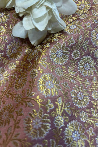 Pink Handloom Banarasi Silk Brocade Sona Roopa Flower Design Fabric ( 1 Mtr ) - Luxurion World
