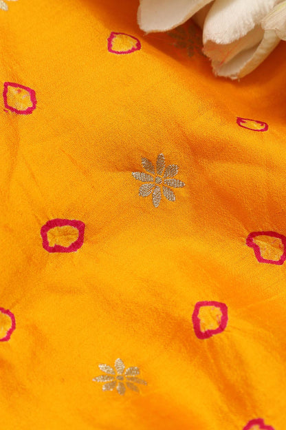 Yellow Banarasi Hand Bandhej Pure Chiniya Silk Fabric ( 2.5 Mtr ) - Luxurion World