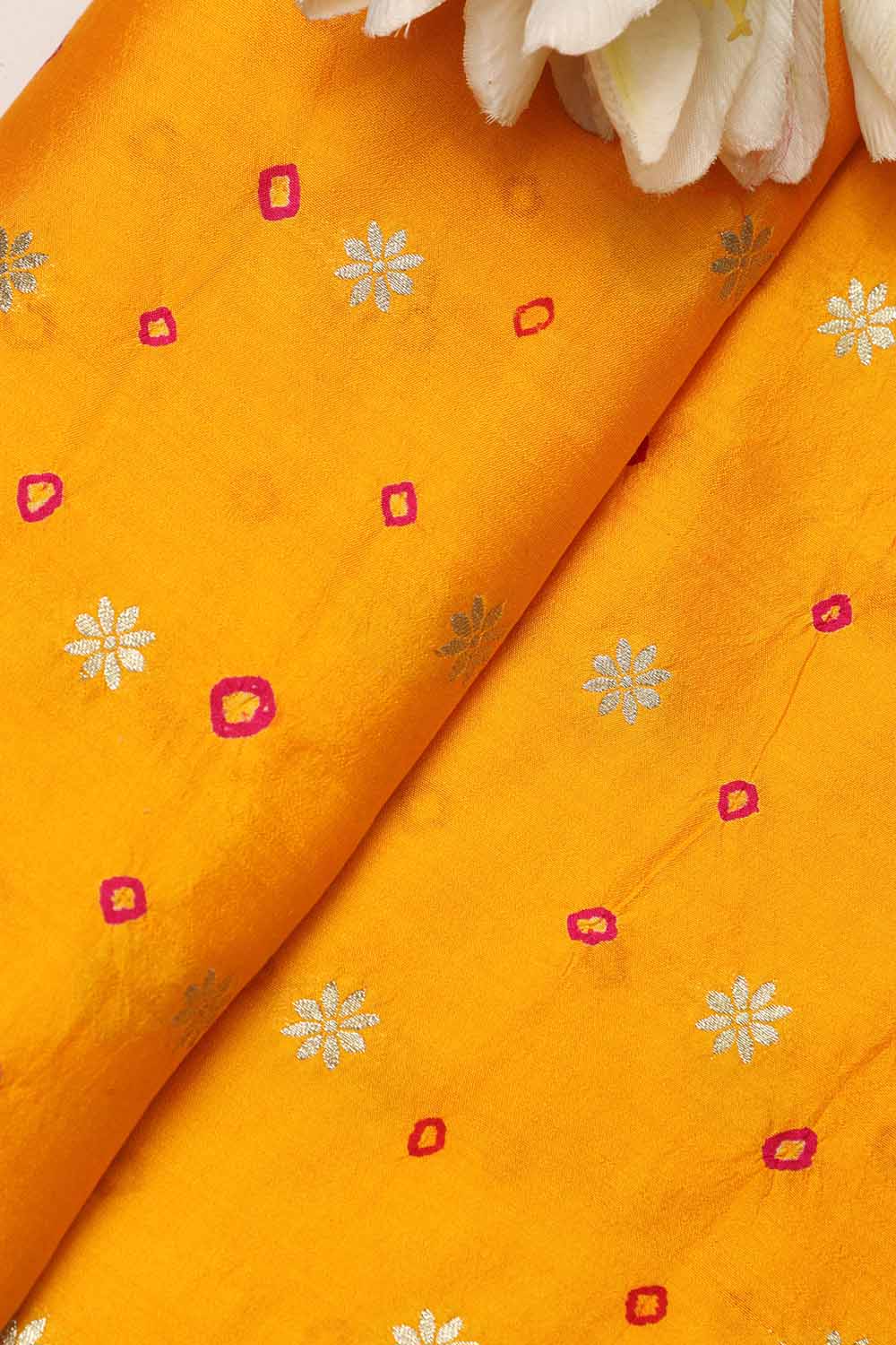 Yellow Banarasi Hand Bandhej Pure Chiniya Silk Fabric ( 2.5 Mtr ) - Luxurion World