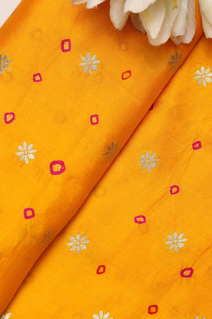 Yellow Banarasi Hand Bandhej Pure Chiniya Silk Fabric ( 2.5 Mtr ) - Luxurion World