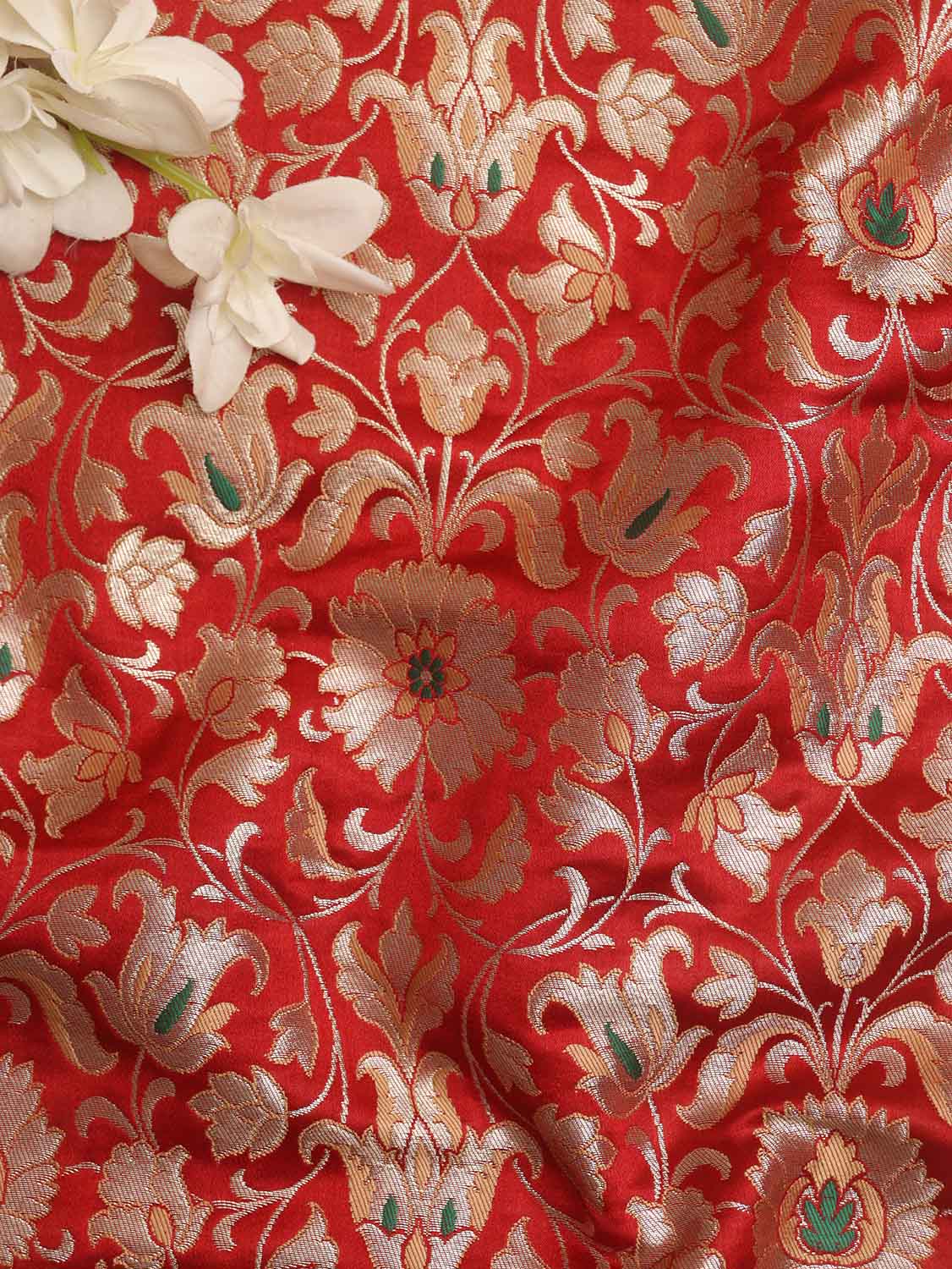 Red Banarasi KimKhwab Silk Fabric ( 1 Mtr ) - Luxurion World