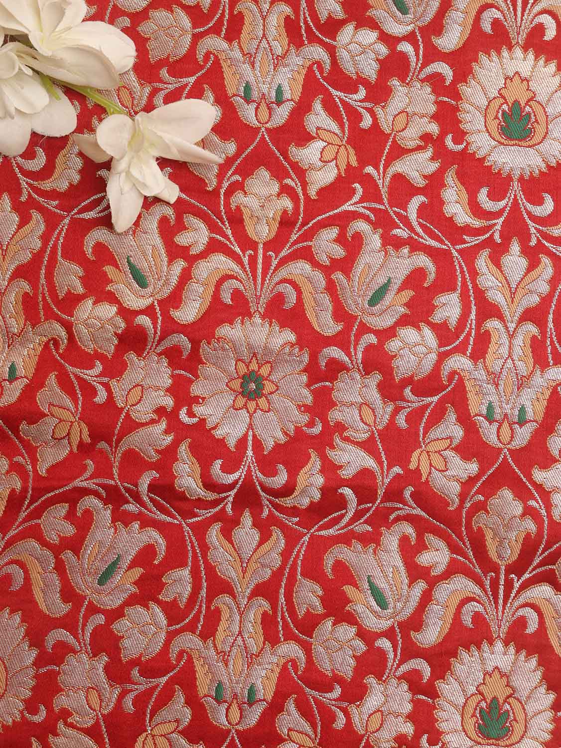 Red Banarasi KimKhwab Silk Fabric ( 1 Mtr )