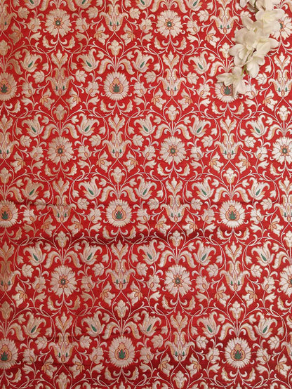 Red Banarasi KimKhwab Silk Fabric ( 1 Mtr ) - Luxurion World