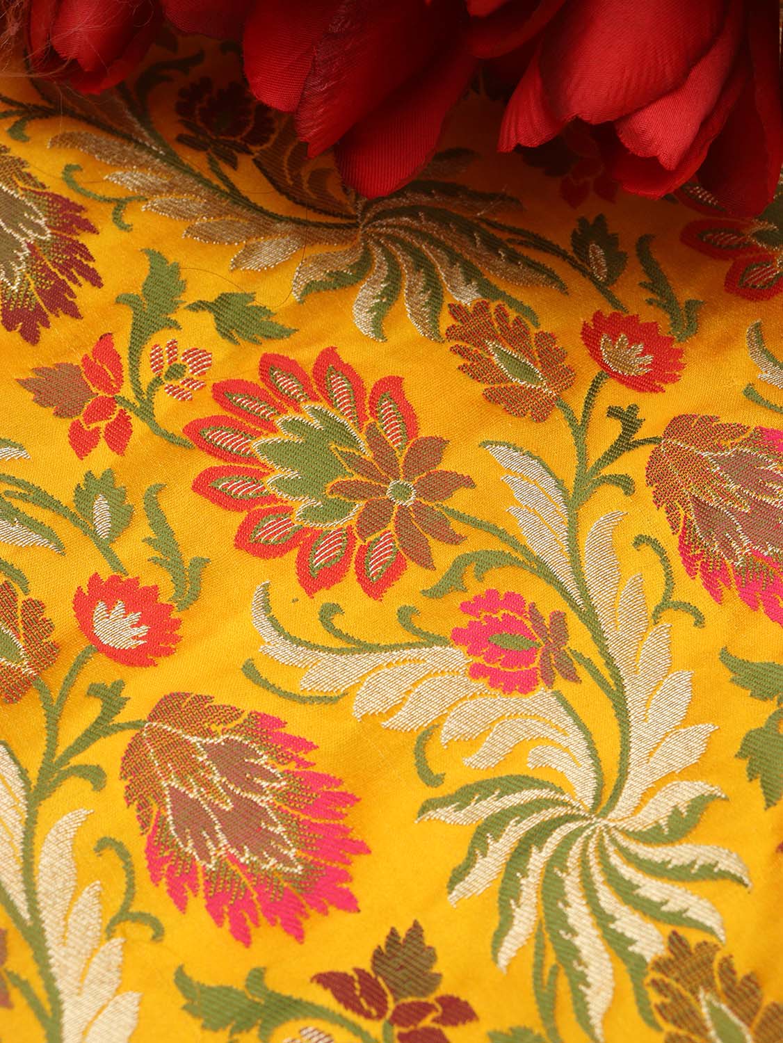 Yellow Banarasi Kimkhwab Silk Meenakari Fabric ( 1 Mtr ) - Luxurion World