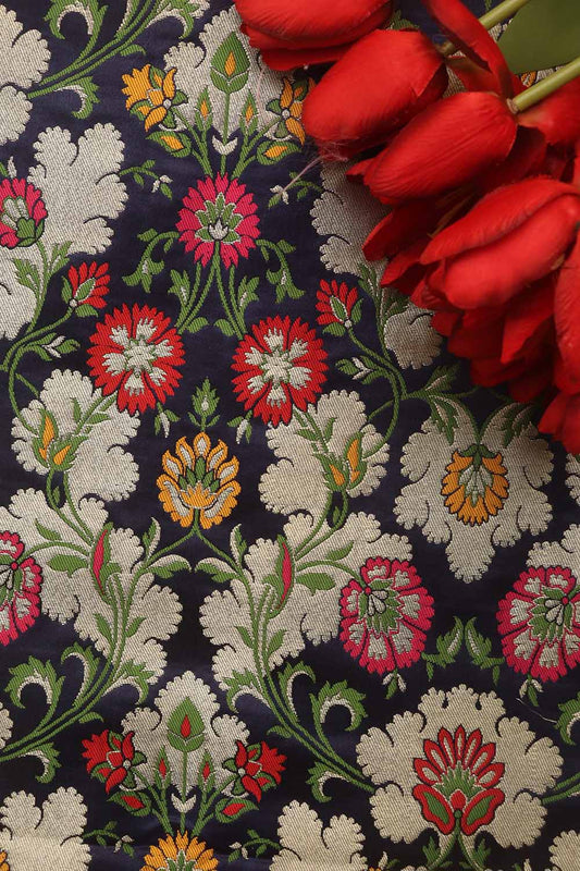 Blue Banarasi Kimkhwab Silk Meenakari Fabric ( 1 Mtr ) - Luxurion World