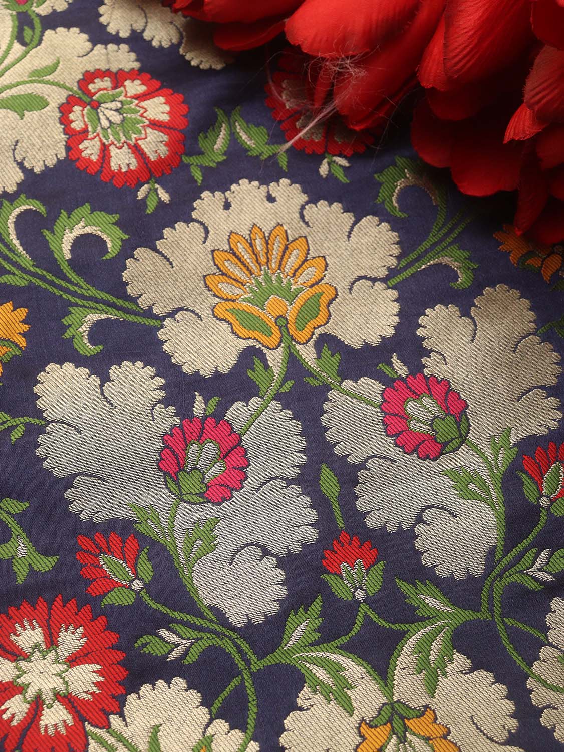 Blue Banarasi Kimkhwab Silk Meenakari Fabric ( 1 Mtr ) - Luxurion World