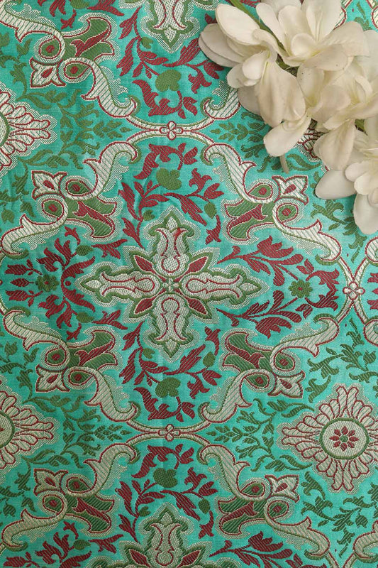 Blue Banarasi Kimkhwab Silk Fabric  ( 1 Mtr ) - Luxurion World