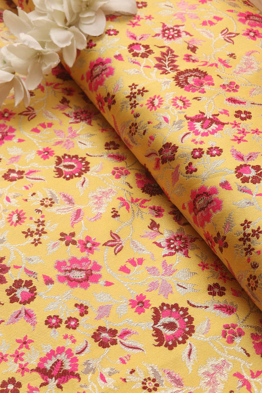 Yellow Banarasi Silk Meenakari Floral Design Fabric ( 1 Mtr ) - Luxurion World