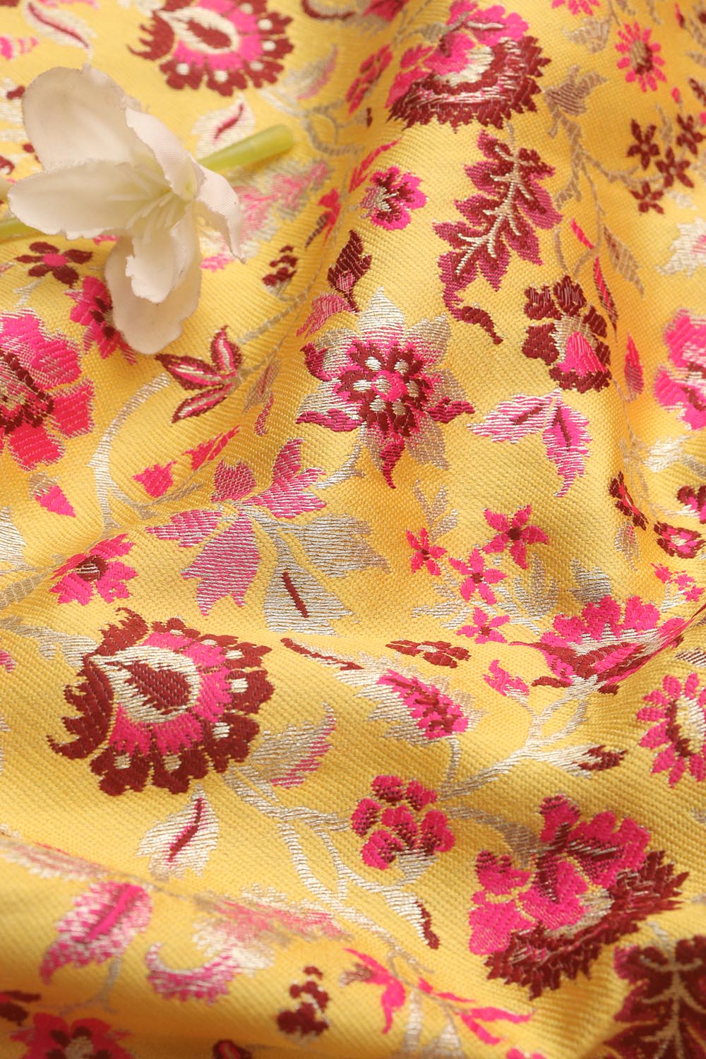 Yellow Banarasi Silk Meenakari Floral Design Fabric ( 1 Mtr ) - Luxurion World