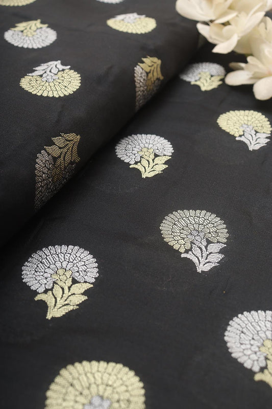 Black Banarasi Silk Sona Roopa Fabric ( 1 Mtr ) - Luxurion World