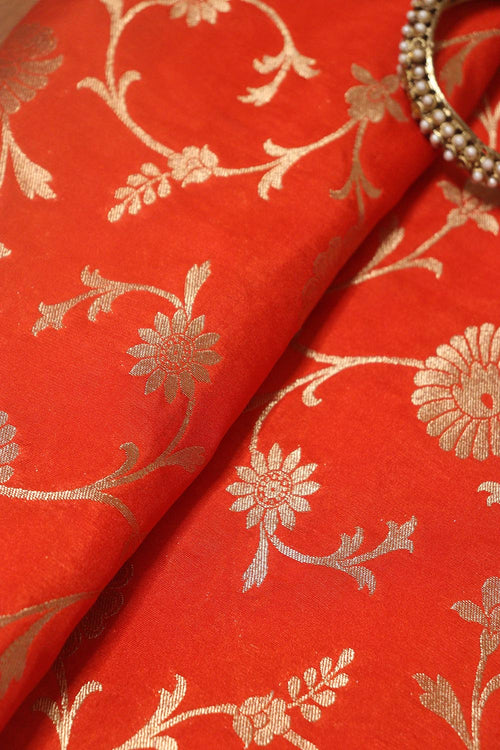 Orange Banarasi Brocade Silk Fabric ( 1 Mtr ) - Luxurion World