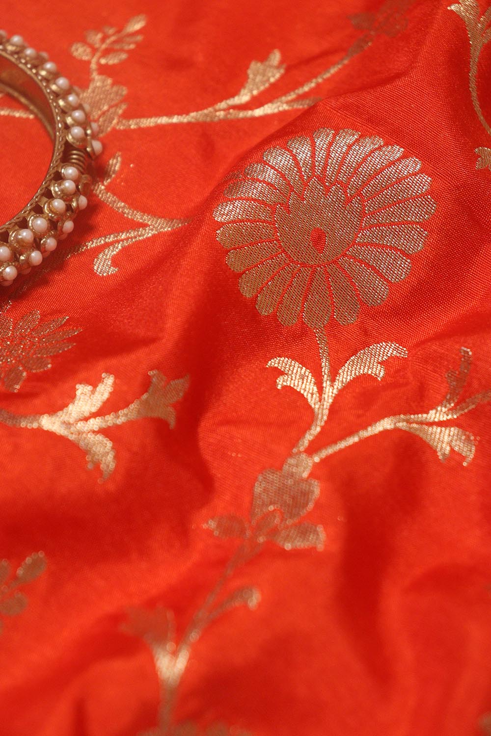 Orange Banarasi Brocade Silk Fabric ( 1 Mtr ) - Luxurion World