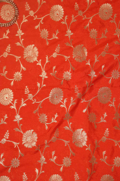 Orange Banarasi Brocade Silk Fabric ( 1 Mtr ) - Luxurion World