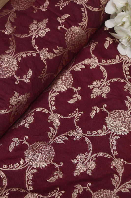 Maroon Banarasi Silk Jaal Work Fabric ( 1 Mtr ) - Luxurion World