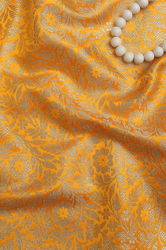Yellow Banarasi Silk Satin Zari Brocade Fabric (1 Mtr): Luxurious Elegance for Your Creations - Luxurion World