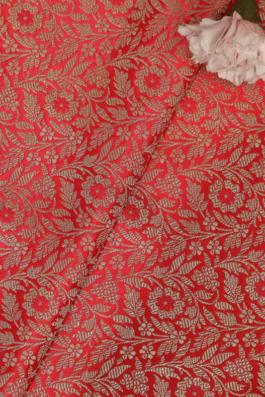 Redish Pink Banarasi Silk Satin Zari Brocade Fabric ( 1 mtr ) - Luxurion World