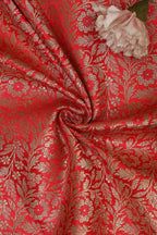 Redish Pink Banarasi Silk Satin Zari Brocade Fabric ( 1 mtr ) - Luxurion World