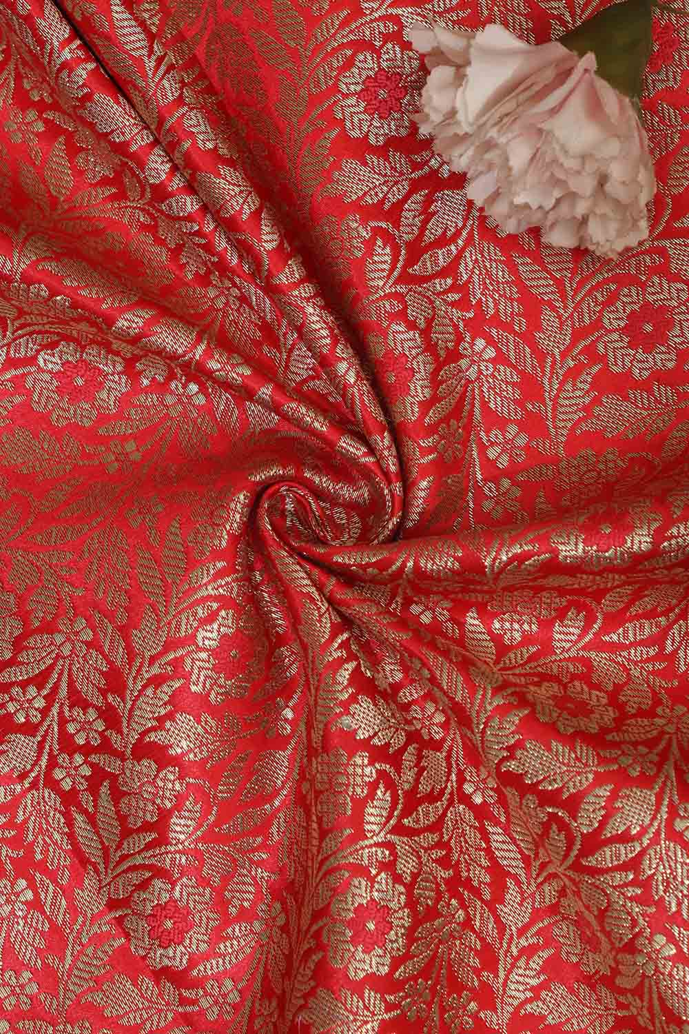 Redish Pink Banarasi Silk Satin Zari Brocade Fabric ( 1 mtr ) - Luxurion World