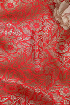 Redish Pink Banarasi Silk Satin Zari Brocade Fabric ( 1 mtr ) - Luxurion World