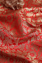 Redish Pink Banarasi Silk Satin Zari Brocade Fabric ( 1 mtr ) - Luxurion World