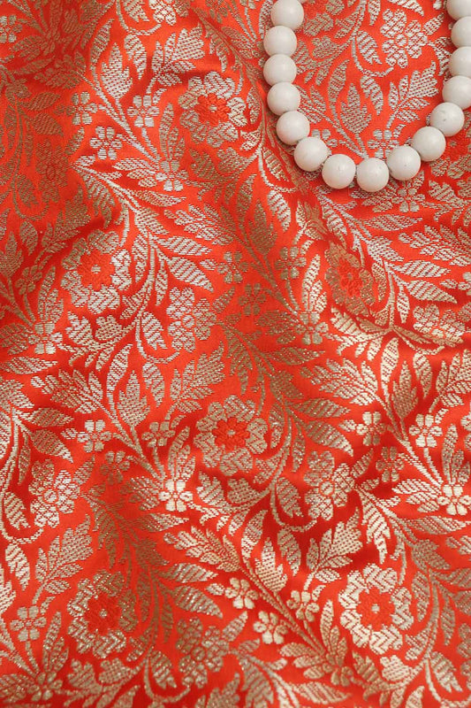Luxurious Orange Banarasi Silk Satin Zari Brocade Fabric - Perfect for Elegant Creations ( 1 Mtr )