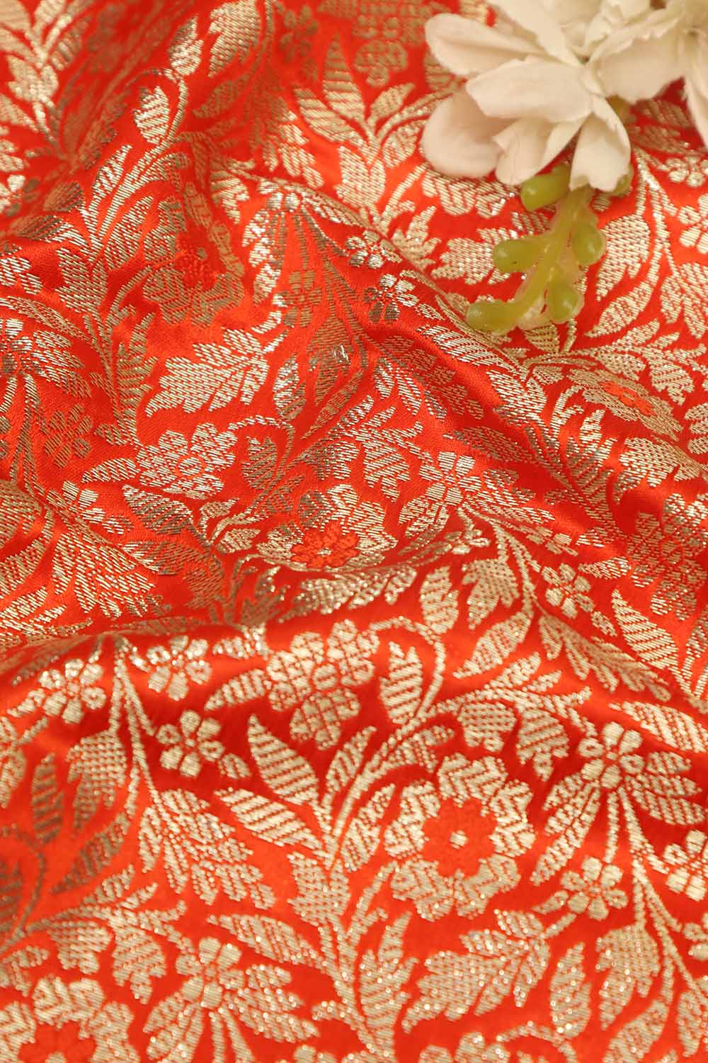 Luxurious Orange Banarasi Silk Satin Zari Brocade Fabric - Perfect for Elegant Creations ( 1 Mtr ) - Luxurion World