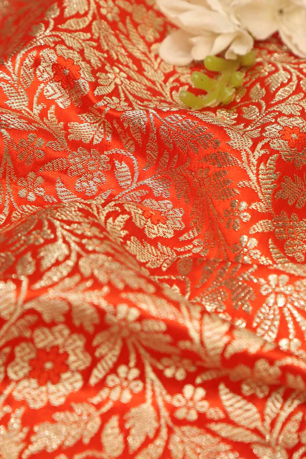Luxurious Orange Banarasi Silk Satin Zari Brocade Fabric - Perfect for Elegant Creations ( 1 Mtr ) - Luxurion World