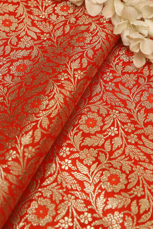 Luxurious Orange Banarasi Silk Satin Zari Brocade Fabric - Perfect for Elegant Creations ( 1 Mtr ) - Luxurion World