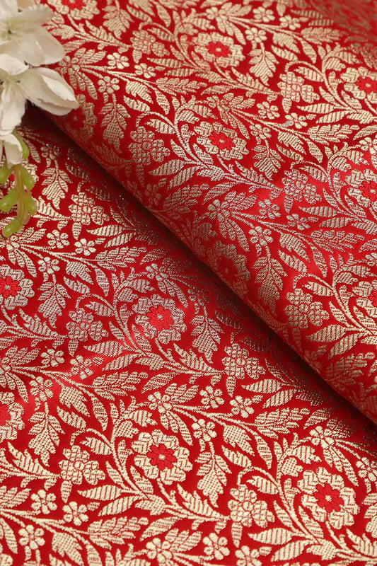 Red Banarasi Silk Satin Zari Brocade Fabric ( 1 Mtr ) - Luxurion World