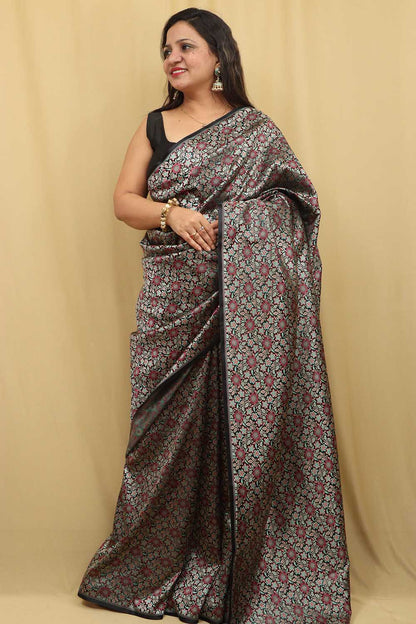 Elegant Black Banarasi Silk Tanchui Jamawar Brocade Saree - Luxurion World
