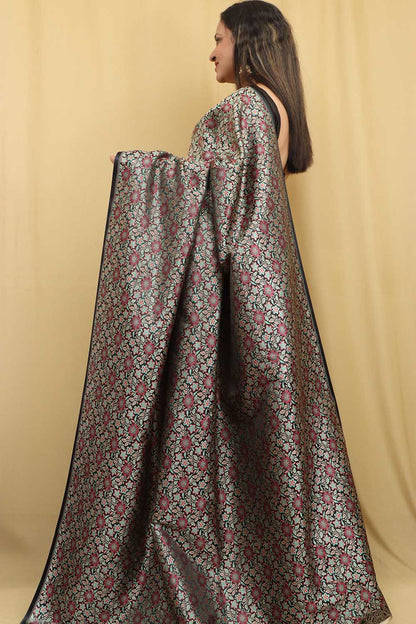Elegant Black Banarasi Silk Tanchui Jamawar Brocade Saree - Luxurion World