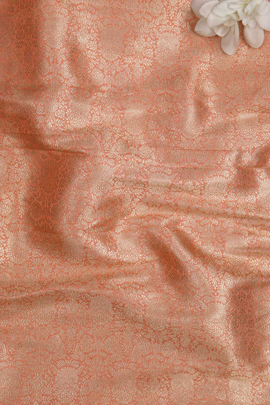 Elegant Peach Banarasi Pure Katan Silk Brocade Fabric (1.5 Mtr) - Luxurion World