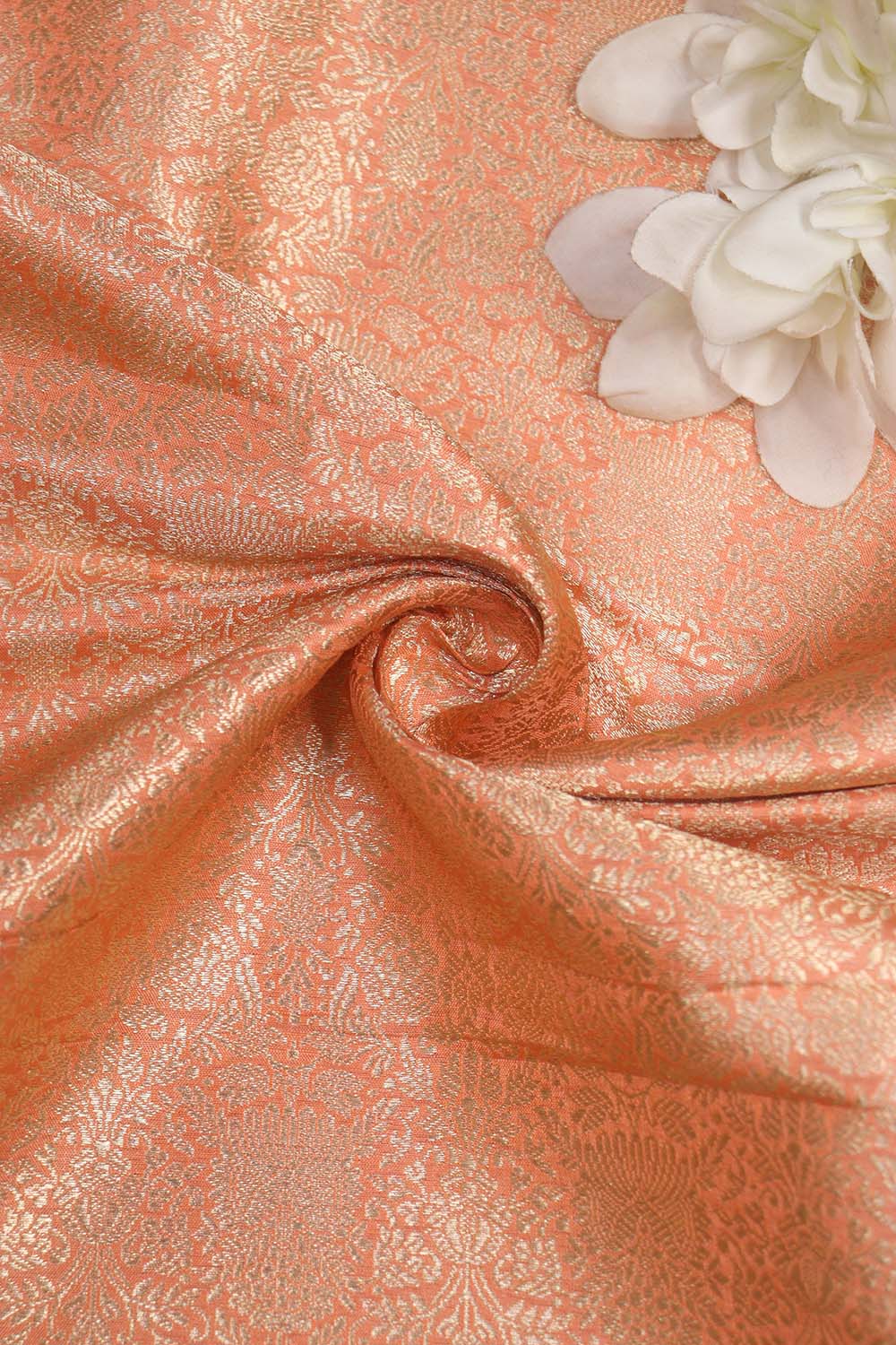 Elegant Peach Banarasi Pure Katan Silk Brocade Fabric (1.5 Mtr) - Luxurion World