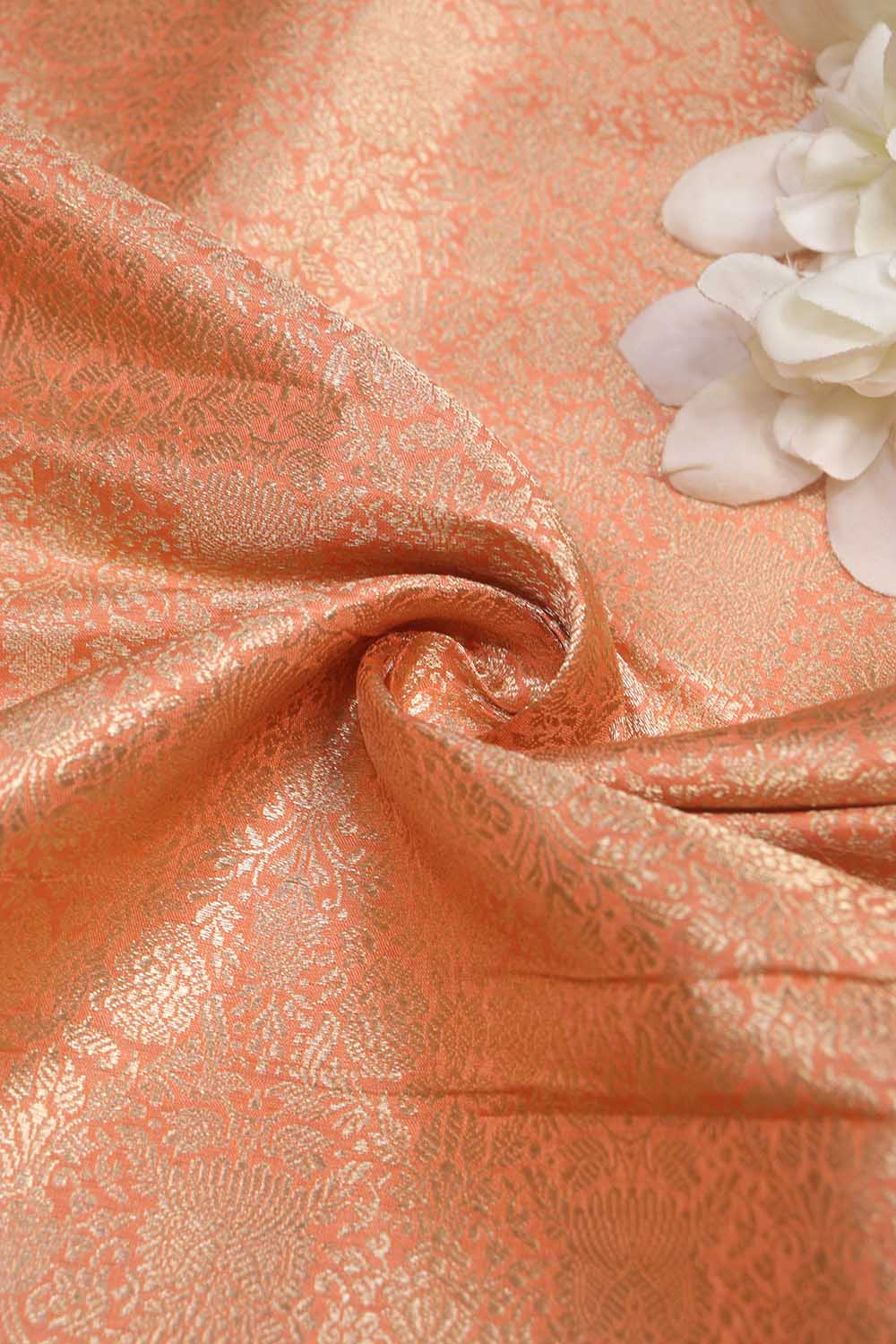 Elegant Peach Banarasi Pure Katan Silk Brocade Fabric (1.5 Mtr) - Luxurion World
