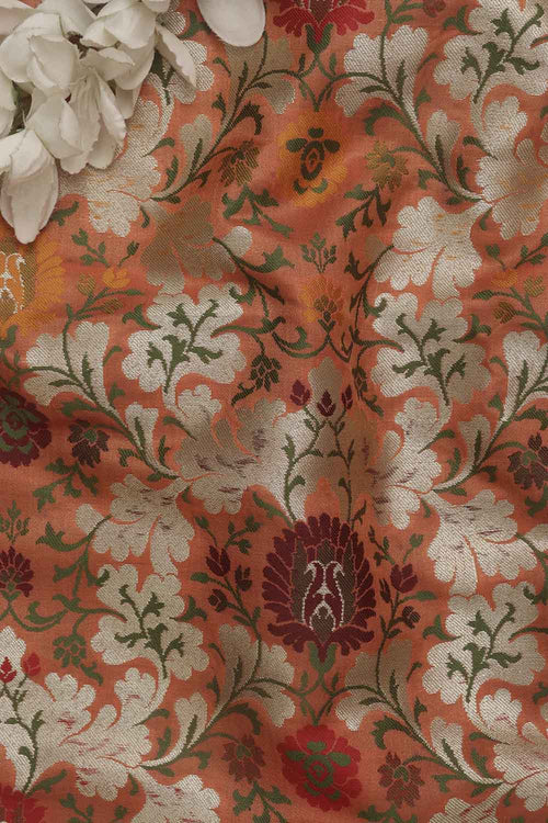 Orange Banarasi Kimkhwab Silk Meenakari Fabric ( 1 Mtr ) - Luxurion World