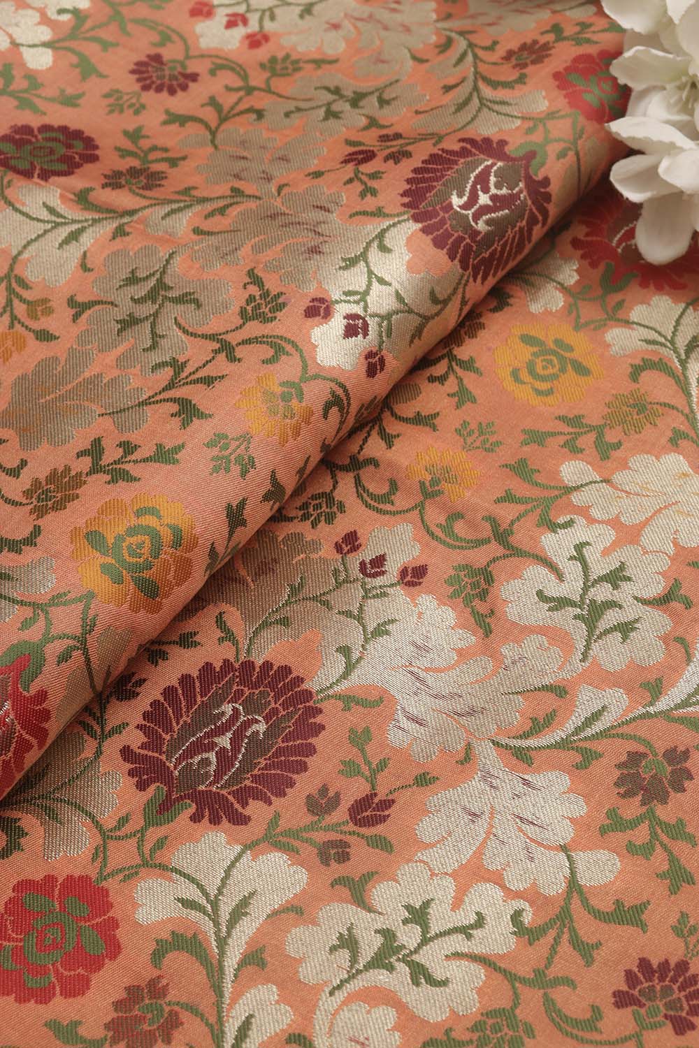 Orange Banarasi Kimkhwab Silk Meenakari Fabric ( 1 Mtr ) - Luxurion World
