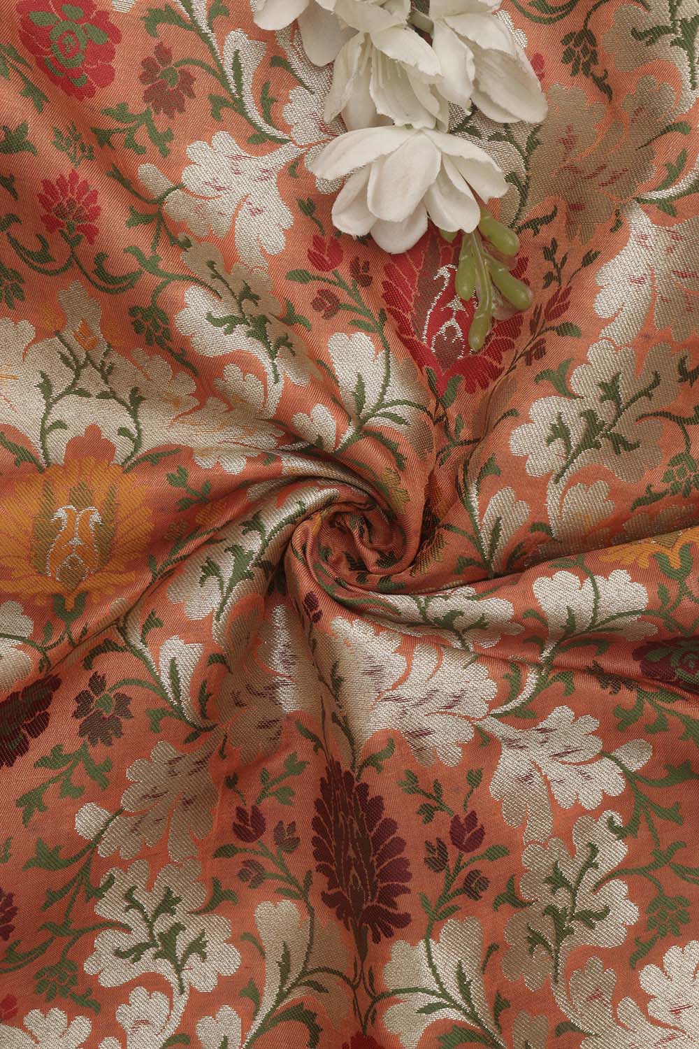 Orange Banarasi Kimkhwab Silk Meenakari Fabric ( 1 Mtr ) - Luxurion World
