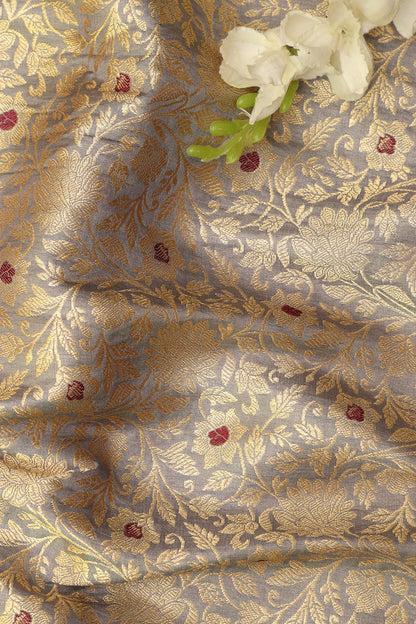 Elegant Grey Banarasi Silk Brocade Fabric ( 1 Mtr  ) - Luxurion World