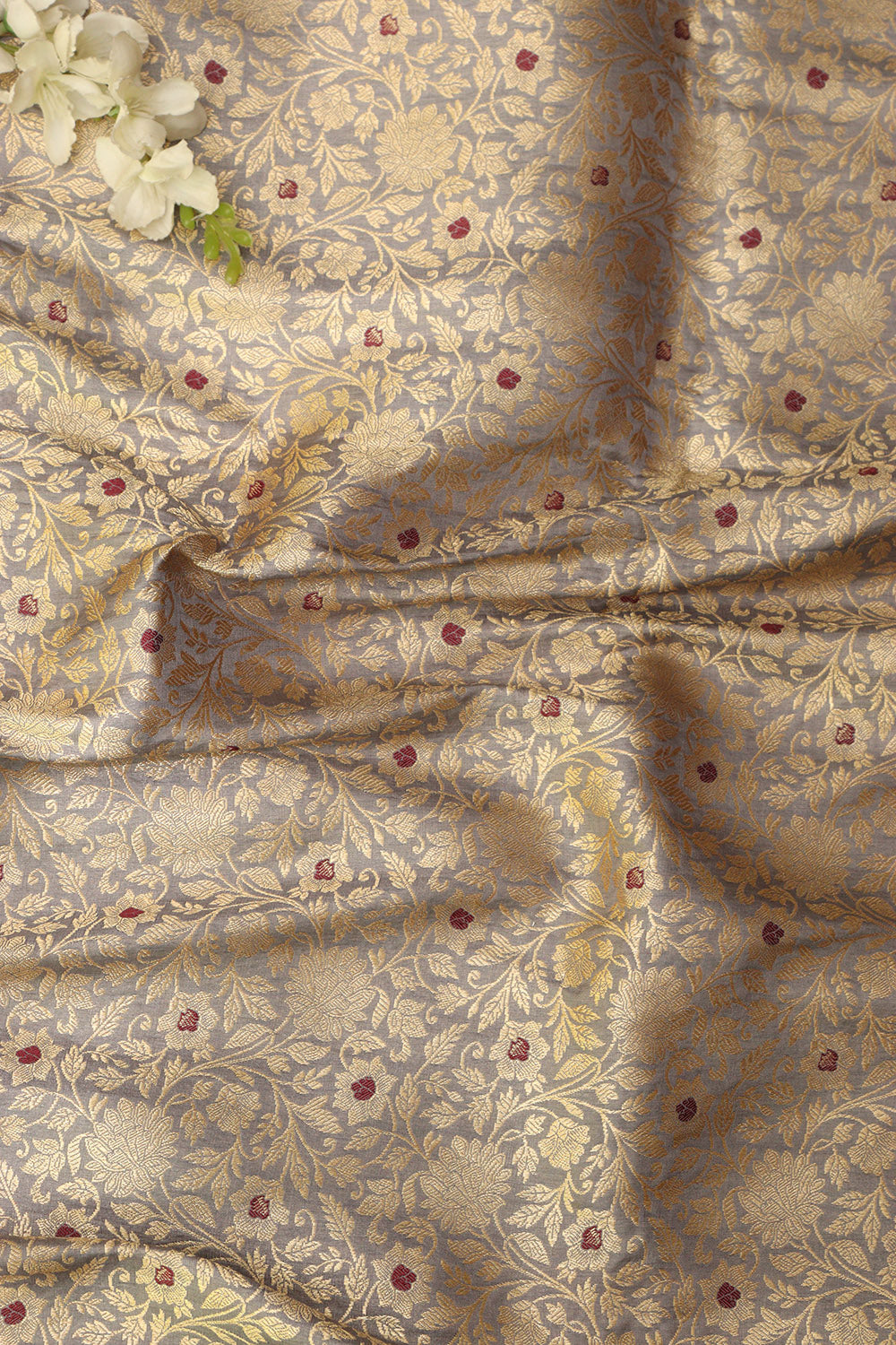 Elegant Grey Banarasi Silk Brocade Fabric ( 0.5 Mtr  ) - Luxurion World