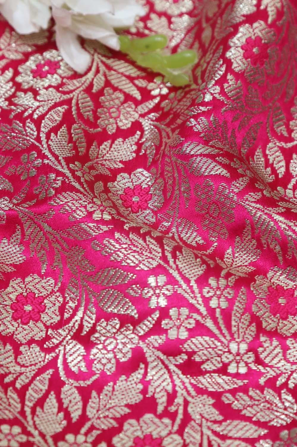 Exquisite Pink Banarasi Silk Satin Zari Brocade Fabric ( 1 Mtr ) - Luxurion World