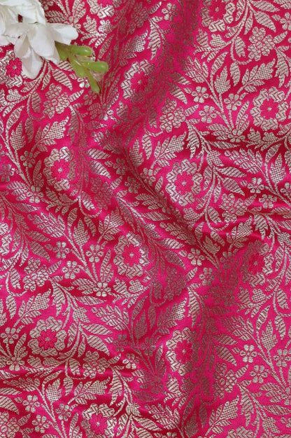 Exquisite Pink Banarasi Silk Satin Zari Brocade Fabric ( 1 Mtr ) - Luxurion World