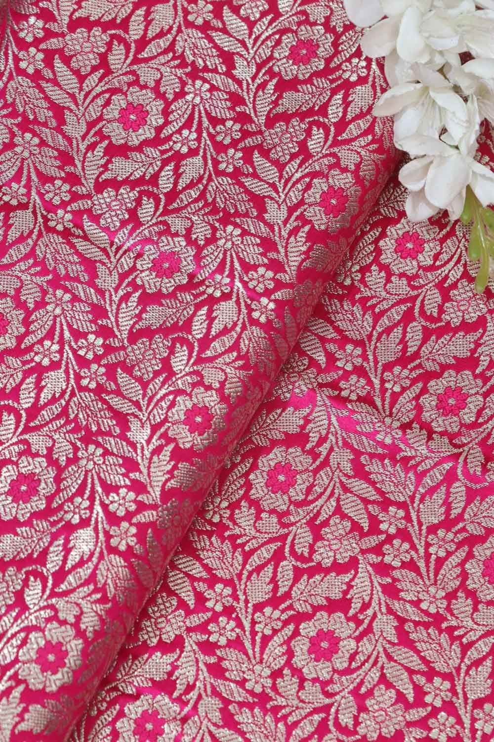 Exquisite Pink Banarasi Silk Satin Zari Brocade Fabric ( 1 Mtr ) - Luxurion World