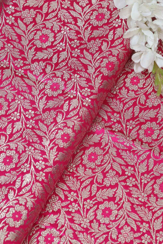 Exquisite Pink Banarasi Silk Satin Zari Brocade Fabric ( 1 Mtr ) - Luxurion World